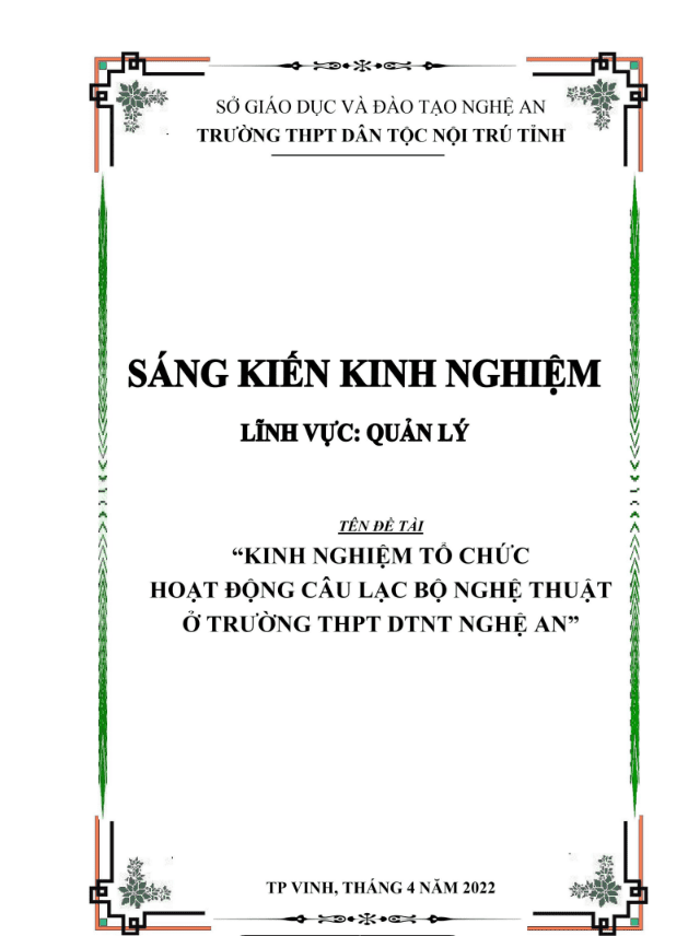 SKKN Kinh nghiệm tổ chức hoạt động Câu lạc bộ nghệ thuật dân tộc ở trường THPT Dân tộc nội trú tỉnh