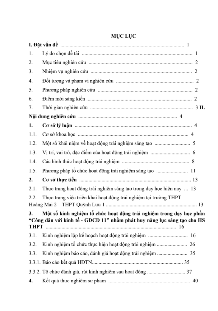 SKKN Kinh nghiệm tổ chức hoạt động trải nghiệm trong dạy học phần “Công dân với kinh tế – GDCD11” nhằm phát huy năng lực sáng tạo cho học sinh THPT.