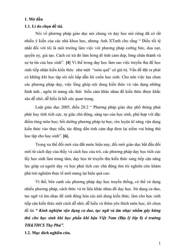 SKKN Kinh nghiệm vận dụng ca dao, tục ngữ và âm nhạc nhằm gây hứng thú cho học sinh khi học phần khí hậu Việt Nam – Địa lý lớp 8