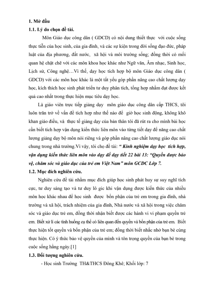 SKKN Kinh nghiệm vận dụng kiến thức liên môn vào dạy tiết 22 bài 13: “Quyền được bảo vệ chăm sóc và giáo dục của trẻ em Việt Nam” môn GDCD lớp 7