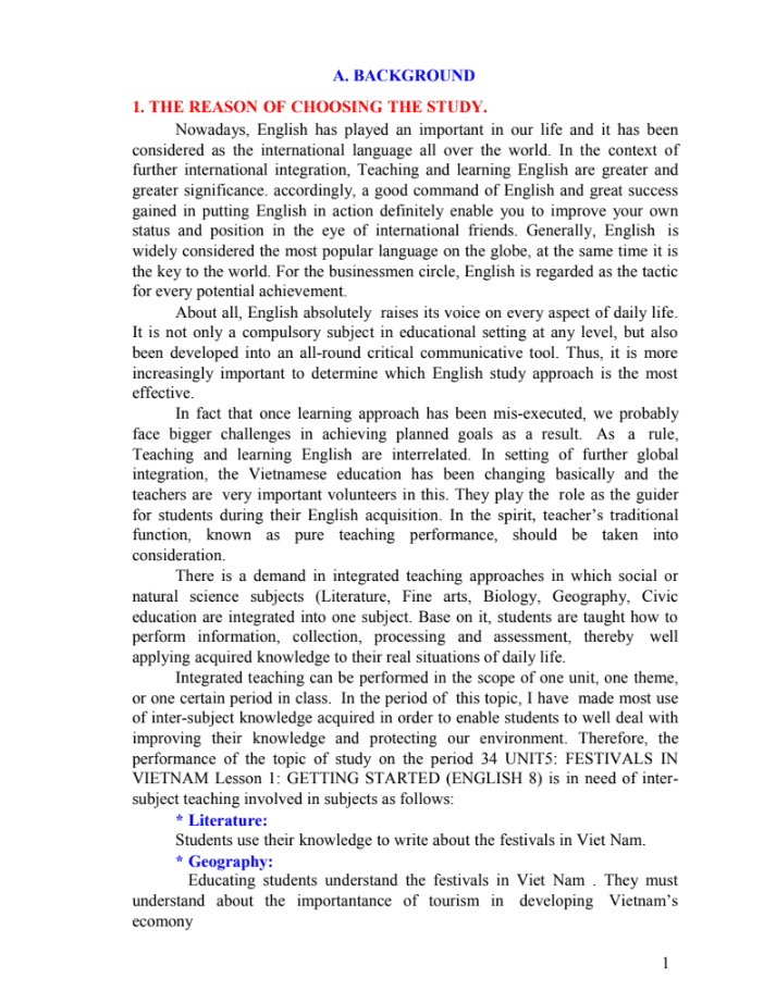 SKKN KKN Period 34 unit 5: Festivals in vietnam lesson 1: Getting started (English 8)