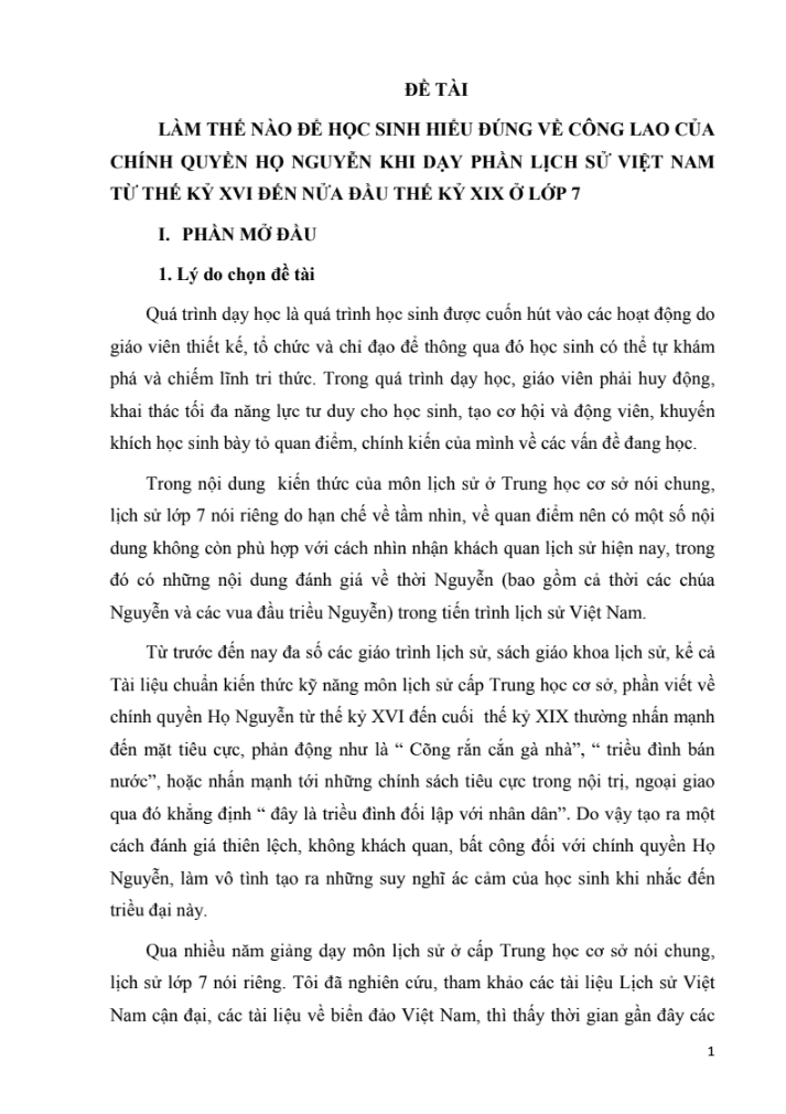 SKKN Làm thế nào để học sinh hiểu đúng về công lao của chính quyền họ nguyễn khi dạy phần lịch sử Việt Nam từ thế kỷ XVI đến nửa đầu thế kỷ XIX ở lớp 7