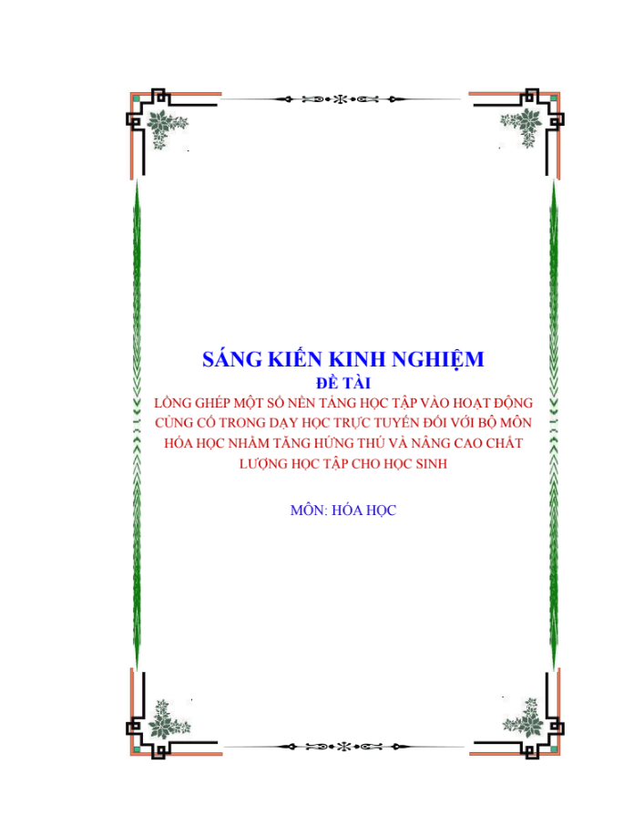 SKKN Lồng ghép một số nền tảng học tập vào hoạt động củng cố trong dạy học trực tuyến đối với bộ môn hóa học nhằm tăng hứng thú và nâng cao chất lượng học tập cho học sinh