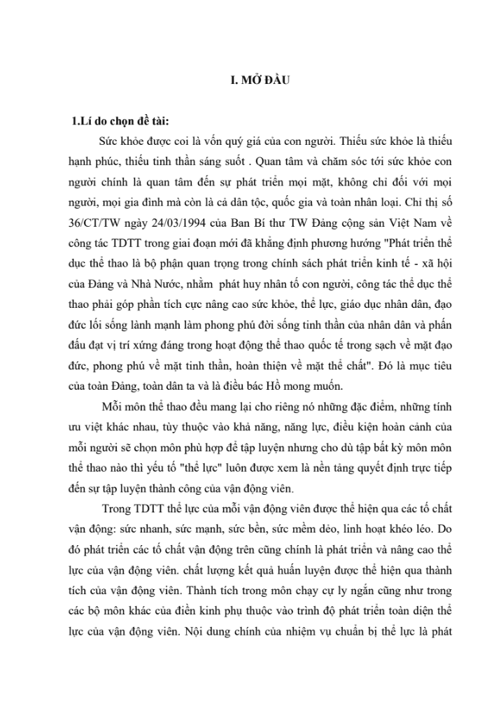 SKKN Lựa chọn một số bài tập nhằm phát triển thể lực, nâng cao thành tích cho nữ vận động viên chạy 100m trường THCS lứa tuổi 14 -15