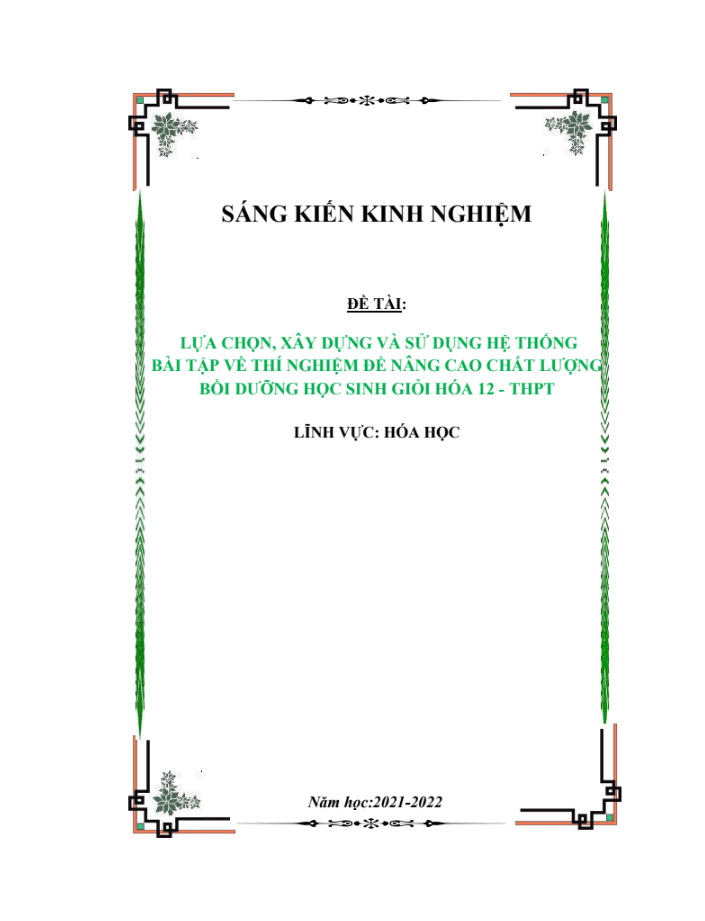 SKKN Lựa chọn, xây dựng và sử dụng hệ thống bài tập về thí nghiệm để nâng cao chất lượng bồi dưỡng HSG hóa 12 THPT