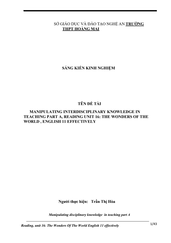 SKKN Manipulating disciplinary knowledge in teaching part A Reading, unit 16: The Wonders Of The World English 11 effectively