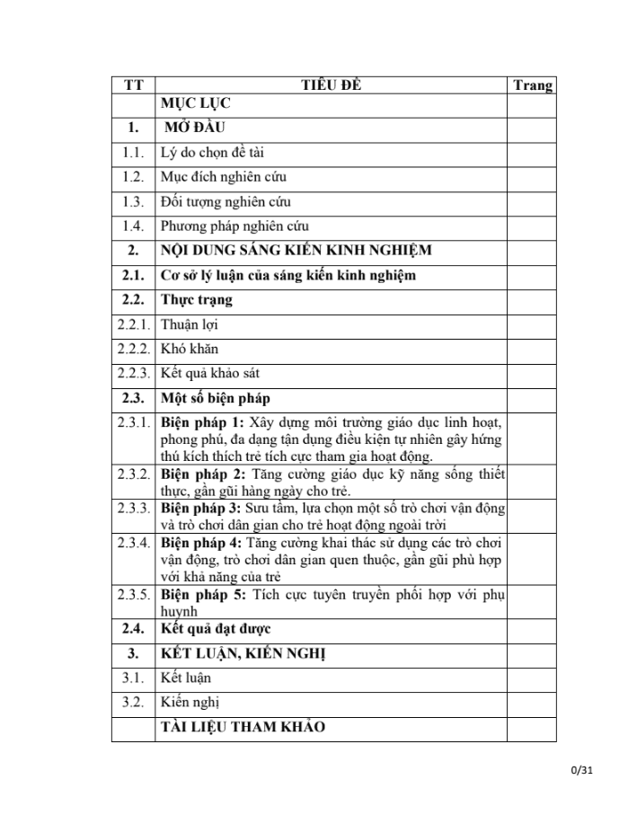 SKKN Một biện pháp nhằm phát huy tính tích cực, chủ động khi tham gia hoạt động ngoài trời cho trẻ mẫu giáo bé 3 – 4 tuổi