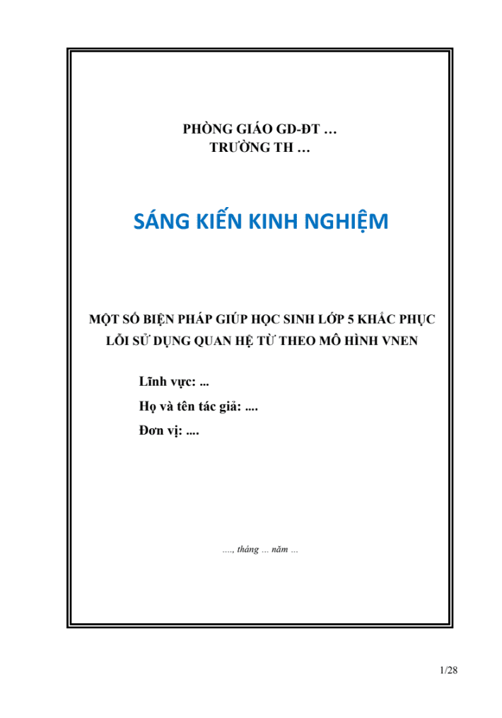 SKKN Mốt ố biện pháp giúp học sinh lớp 5 khắc phục lỗi sử dụng quan hệ từ theo mô hình VNEN