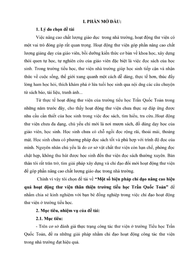SKKN Một số biện pháp chỉ đạo nâng cao hiệu quả hoạt động thư viện thân thiện trường tiểu học