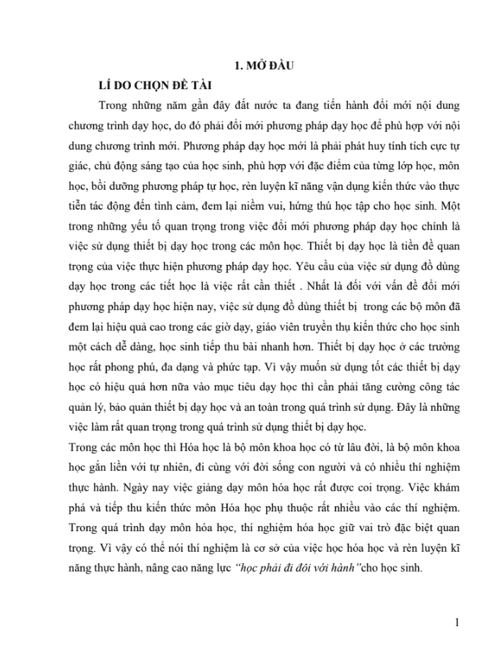 SKKN Một số biện pháp đảm bảo an toàn để nâng cao chất lượng các tiết thực hành môn Hóa học lớp 8, lớp 9