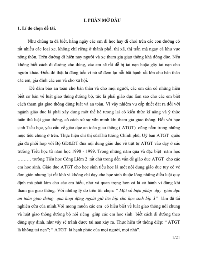 SKKN Một số biện pháp dạy giáo dục an toàn giao thông qua hoạt động ngoài giờ lên lớp cho học sinh lớp 3