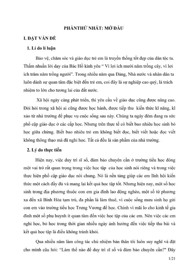 SKKN Một số biện pháp để duy trì sĩ số và đảm bảo chuyên cần cho học sinh lớp 4B trường TH Trưng Vương
