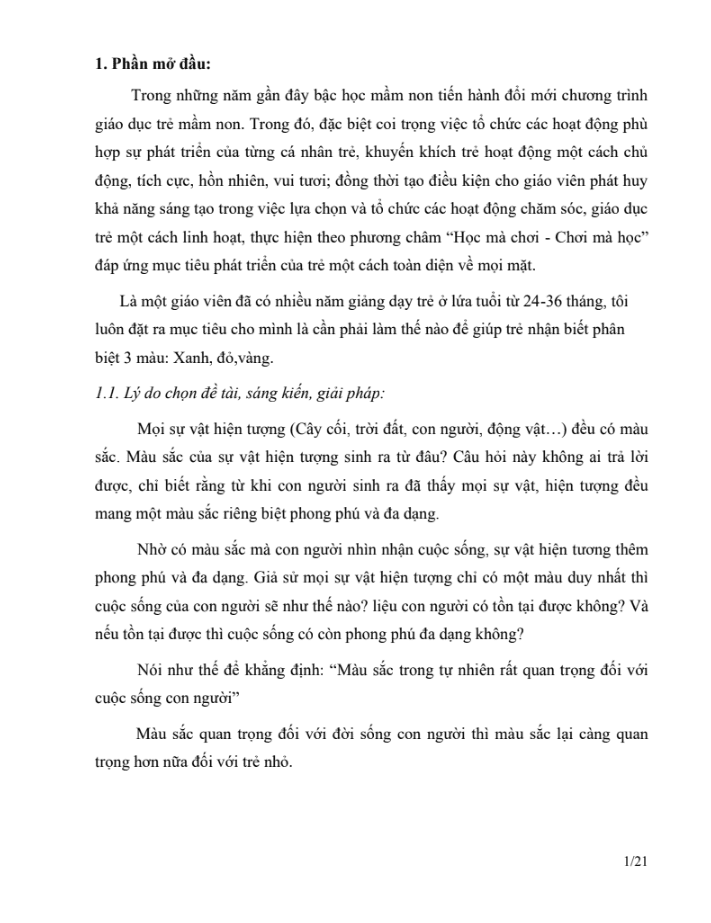 SKKN Một số biện pháp để giúp trẻ 24 – 36 tháng nhận biết, phân biệt tốt ba màu xanh, đỏ, vàng