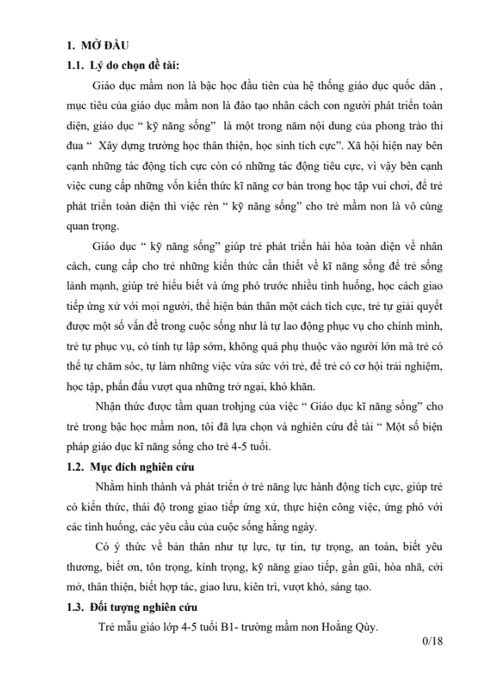 SKKN Một số biện pháp giáo dục kĩ năng sống cho trẻ 4 – 5 tuổi