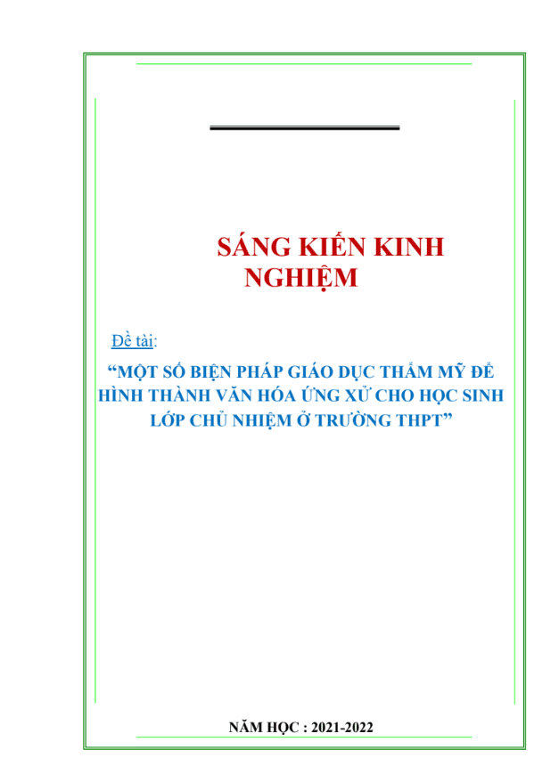SKKN Một số biện pháp giáo dục thẩm mỹ để hình thành văn hóa ứng xử cho học sinh lớp chủ nhiệm ở trường THPT