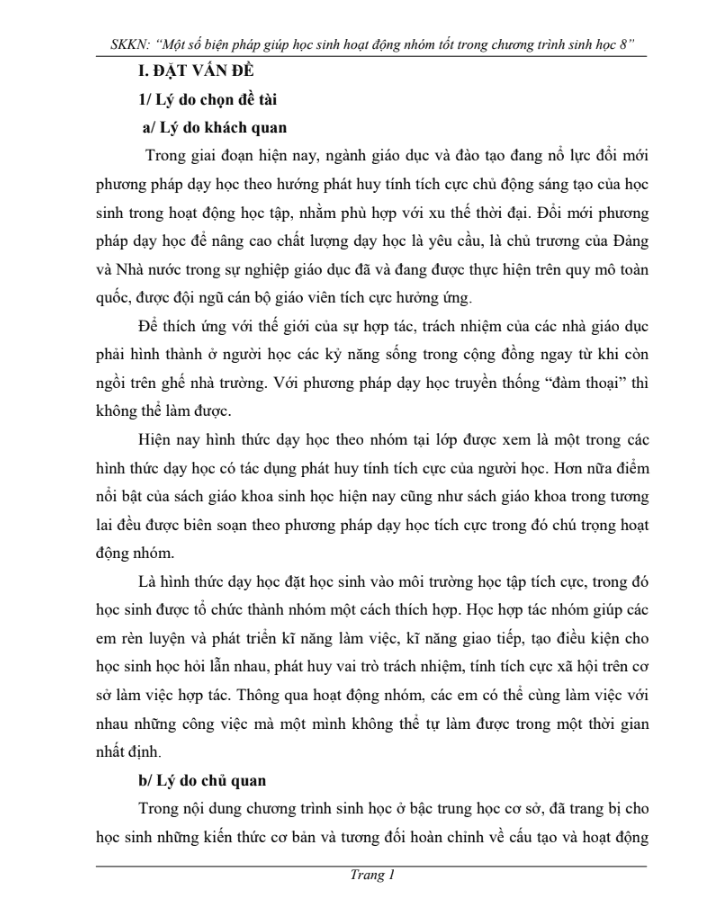 SKKN Một số biện pháp giúp học sinh hoạt động nhóm tốt trong chương trình Sinh học 8