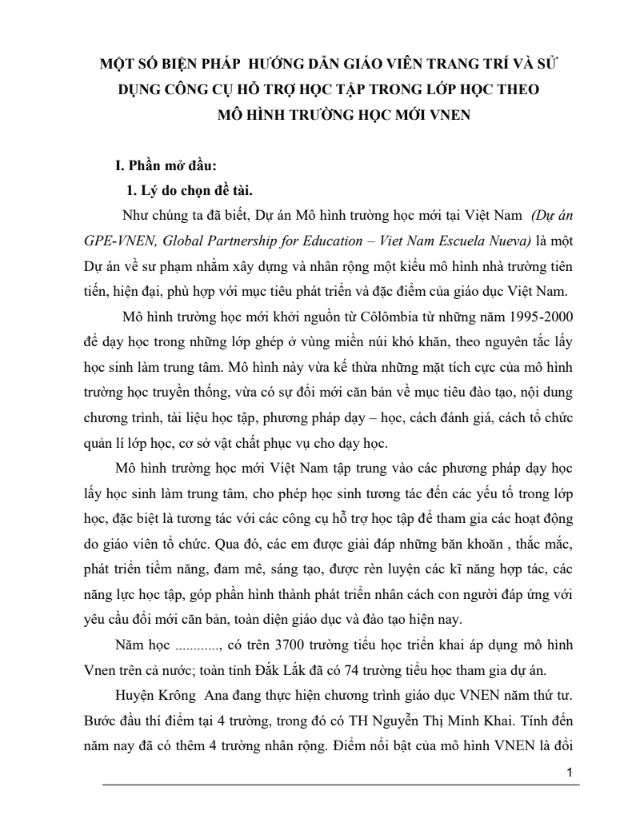 SKKN Một số biện pháp hướng dẫn giáo viên trang trí và sử dụng Công cụ hỗ trợ trong lớp học theo mô hình VNEN