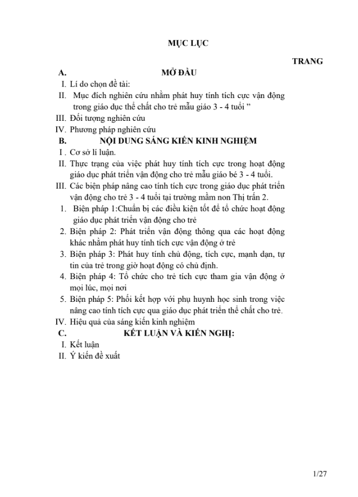 SKKN Một số biện pháp nâng cao chất lượng giáo dục phát triển thể chất thông qua phát triển vận động cho trẻ 3 – 4 tuổi