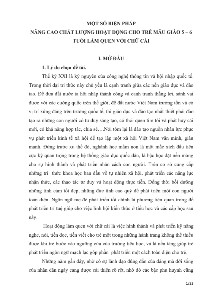 SKKN Một số biện pháp nâng cao chất lượng hoạt động cho trẻ mẫu giáo 5 – 6 tuổi làm quen với chữ cái