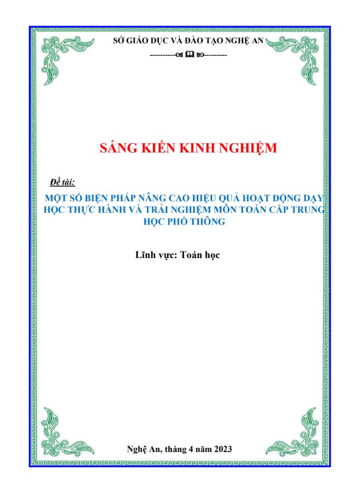 SKKN Một số biện pháp nâng cao hiệu quả hoạt động dạy học thực hành và trải nghiệm môn toán cấp trung học phổ thông