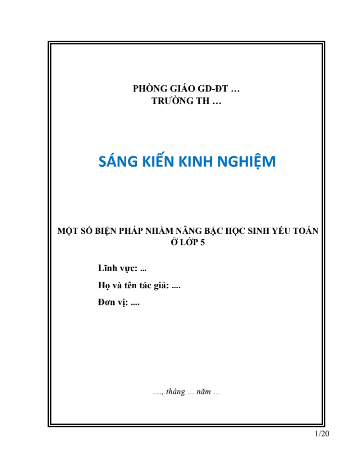 SKKN Một số biện pháp nhằm nâng bậc học sinh yếu toán ở lớp 5