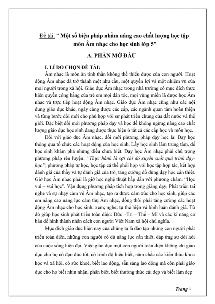 SKKN Một số biện pháp nhằm nâng cao chất lượng học tập môn Âm nhạc cho học sinh lớp 5