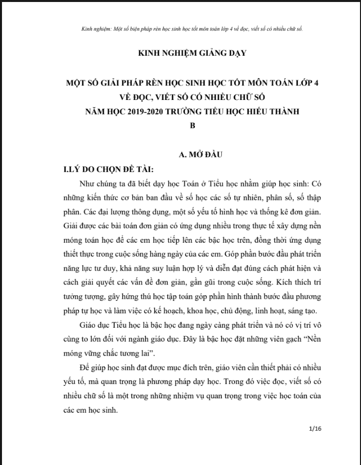 SKKN Một số biện pháp rèn học sinh học tốt môn toán lớp 4 về đọc, viết số có nhiều chữ số.