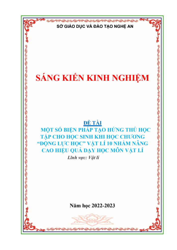 SKKN Một số biện pháp tạo hứng thú cho học sinh khi học chương Động lực học – Vật lí 10 nhằm nâng cao hiệu quả dạy học môn Vật Lí