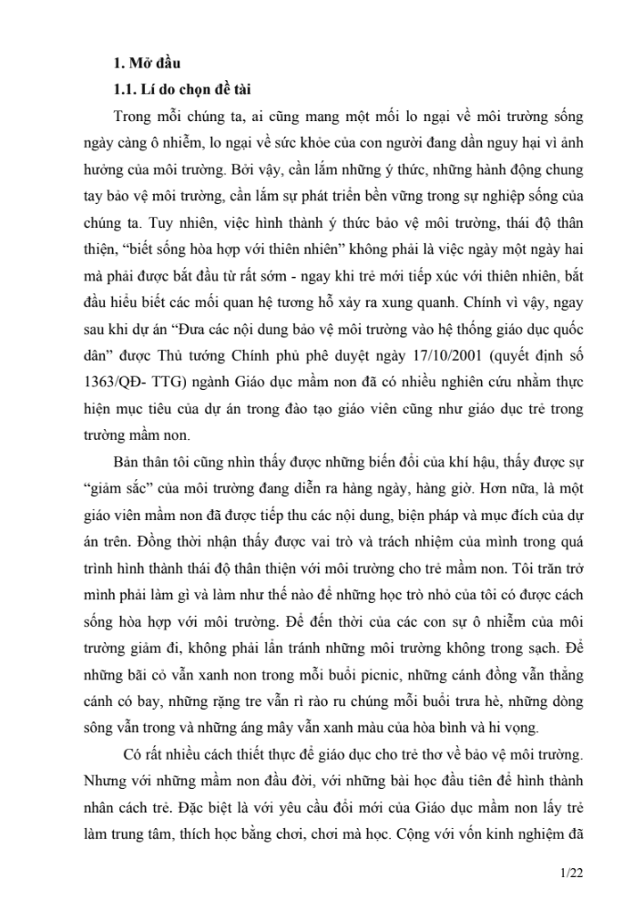 SKKN Một số biện pháp tổ chức hoạt động giáo dục nhằm hình thành ý thức bảo vệ môi trường cho trẻ mẫu giáo 5 – 6 tuổi