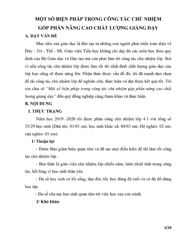 SKKN Một số biện pháp trong công tác chủ nhiệm góp phần nâng cao chất lượng giảng dạy