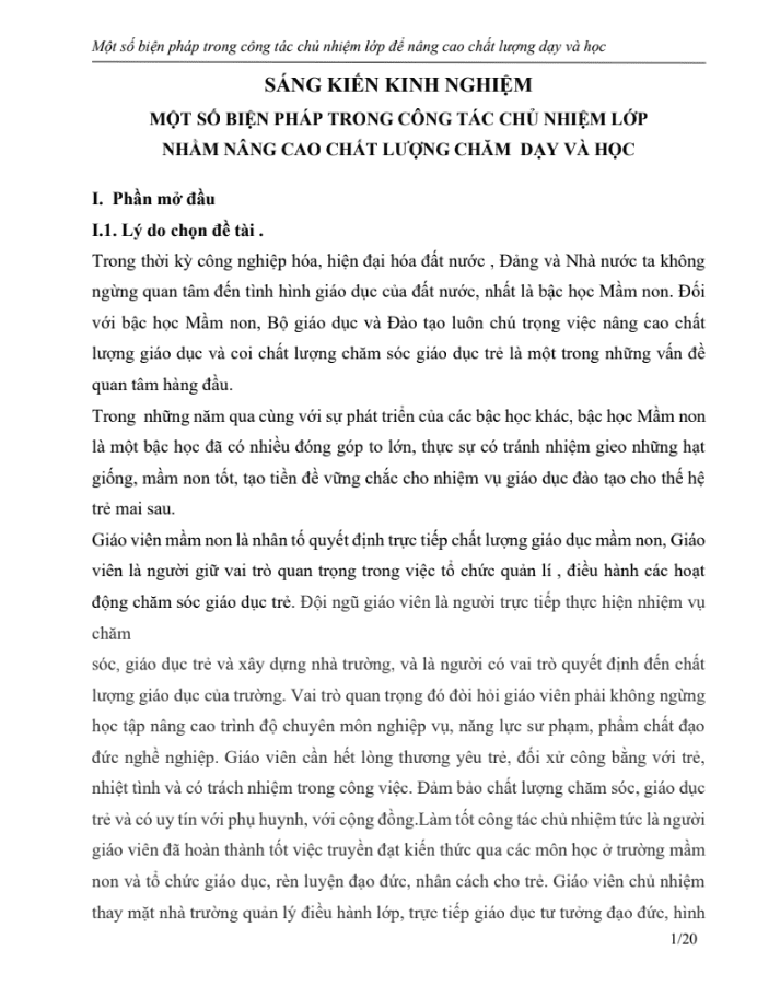 SKKN Một số biện pháp trong công tác chủ nhiệm lớp nhằm nâng cao chất lượng chăm dạy và học