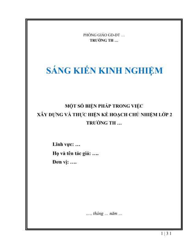 SKKN Một số biện pháp trong việc xây dựng và thực hiện kế hoạch chủ nhiệm lớp 2 trường Tiểu học … có hiệu quả