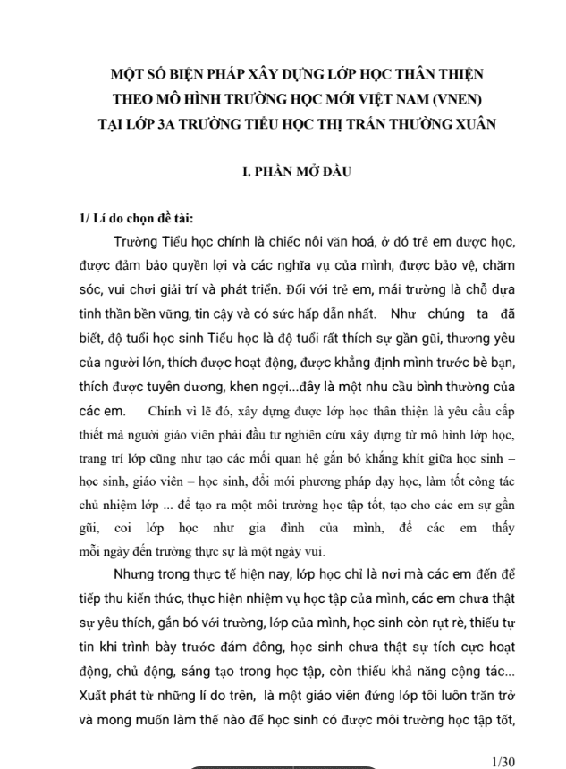 SKKN Một số biện pháp xây dựng lớp học thân thiện theo mô hình trường học mới (vnen) tại lớp 3
