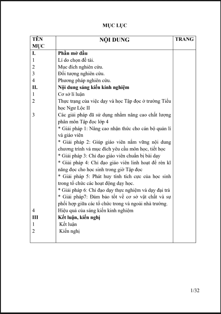 SKKN Một số giải pháp chỉ đạo nhằm nâng cao chất lượng phân môn Tập đọc lớp 4