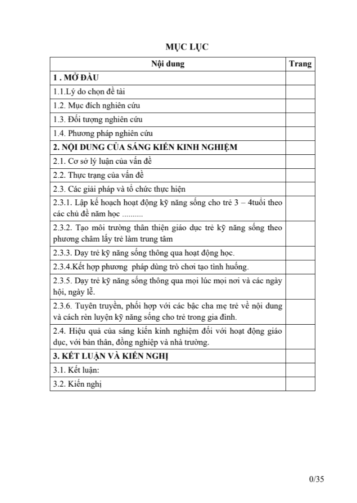 SKKN Một số giải pháp giáo dục kỹ năng sống cho trẻ 3- 4 tuổi