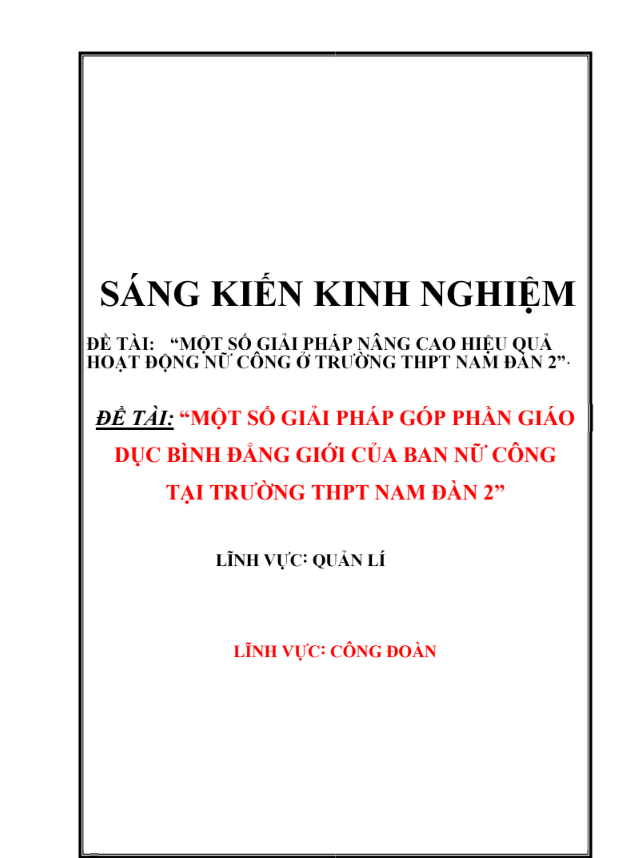 SKKN Một số giải pháp góp phần giáo dục bình đẳng giới của Ban nữ công tại trường THPT Nam Đàn 2
