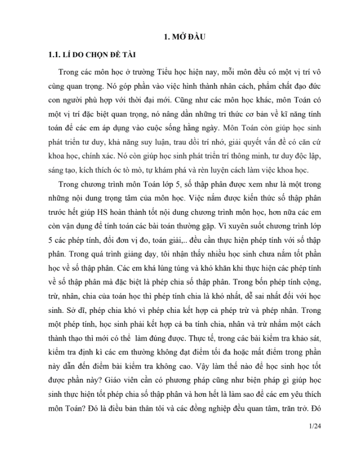 SKKN Một số giải pháp nâng cao chất lương dạy chia số thập phân cho học sinh lớp 5