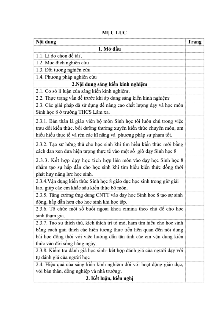 SKKN Một số giải pháp nâng cao chất lượng dạy và học môn sinh học lớp 8