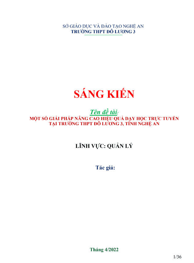 SKKN Một số giải pháp nâng cao hiệu quả dạy học trực tuyến ở trường THPT