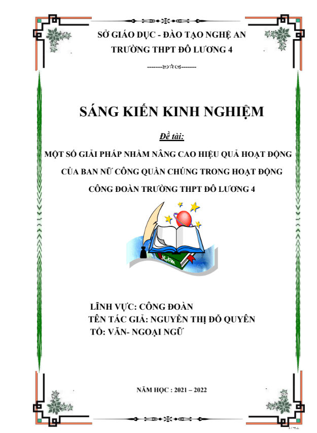 SKKN Một số giải pháp nhằm nâng cao hiệu quả hoạt động của Ban nữ công quần chúng trong hoạt động Công đoàn trường THPT Đô Lương 4