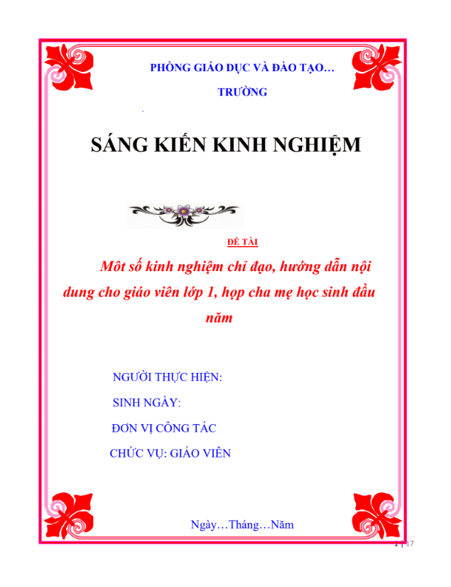 SKKN Môt số kinh nghiệm chỉ đạo, hướng dẫn nội dung cho giáo viên lớp 1,  họp cha mẹ học sinh đầu năm