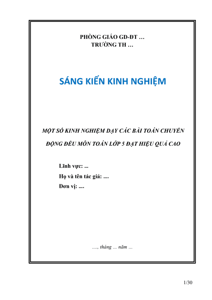 SKKN Một số kinh nghiệm dạy các bài toán chuyển động đều môn Toán lớp 5 đạt hiệu quả cao