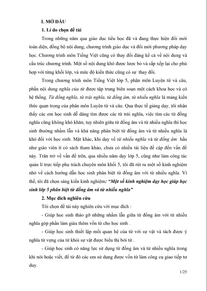 SKKN Một số kinh nghiệm dạy học giúp học sinh lớp 5 phân biệt từ đồng âm và từ nhiều nghĩa