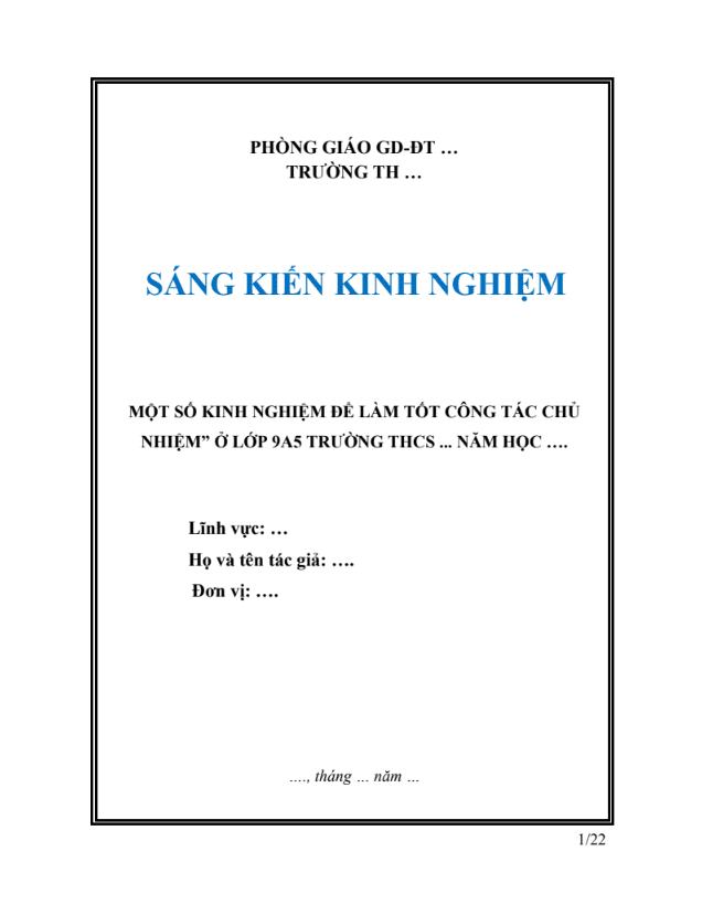 SKKN Một số kinh nghiệm để làm tốt công tác chủ nhiệm” ở lớp 9A5  trường THCS …năm học