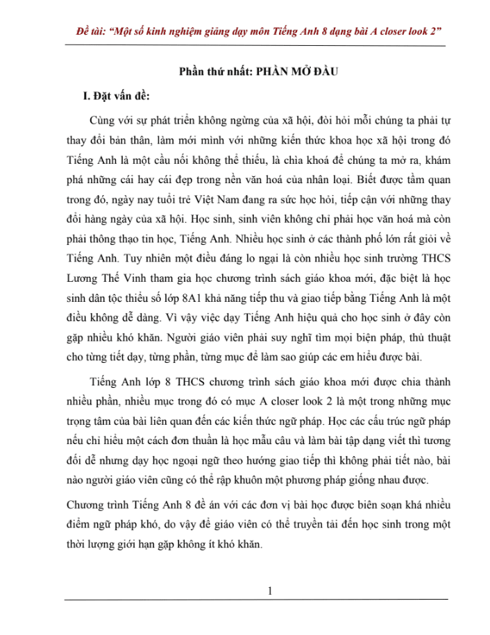 SKKN Một số kinh nghiệm giảng dạy môn Tiếng Anh 8 dạng bài A closer look 2