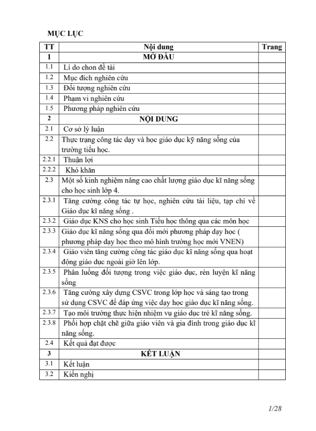 SKKN Một số kinh nghiệm giáo dục kĩ năng sống cho học sinh lớp 4