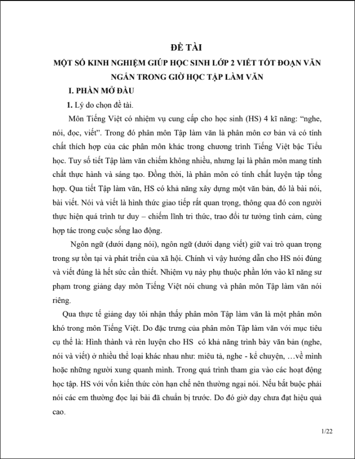 SKKN MỘT SỐ KINH NGHIỆM GIÚP HỌC SINH LỚP 2 VIẾT TỐT ĐOẠN VĂN NGẮN TRONG GIỜ HỌC TẬP LÀM VĂN