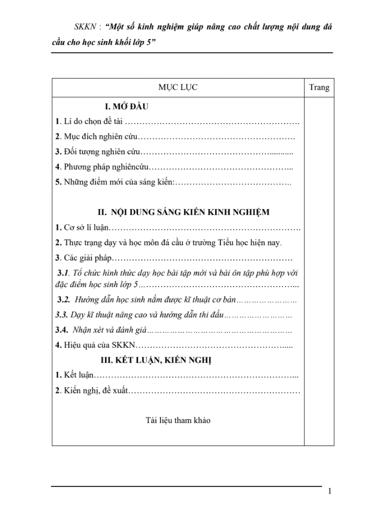 SKKN Một số kinh nghiệm giúp nâng cao chất lượng nội dung đá cầu cho học sinh khối lớp 5