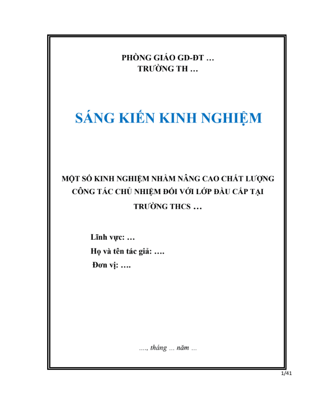 SKKN Một số kinh nghiệm nhằm nâng cao chất lượng công tác chủ nhiệm đối với lớp đầu cấp tại trường THCS