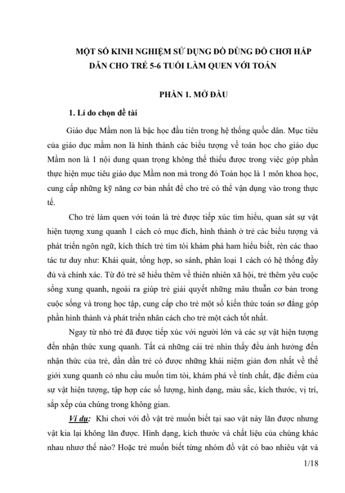 SKKN Một số kinh nghiệm sử dụng đồ dùng đồ chơi hấp dẫn cho trẻ 5-6 tuổi làm quen với toán